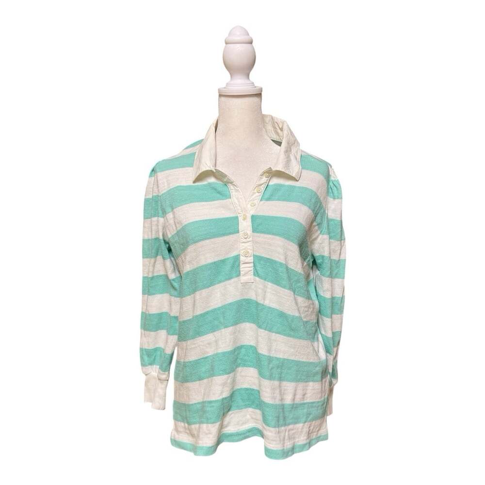 LOFT Women’s Size S Green White Striped Cotton Polo Long Sleeve Top